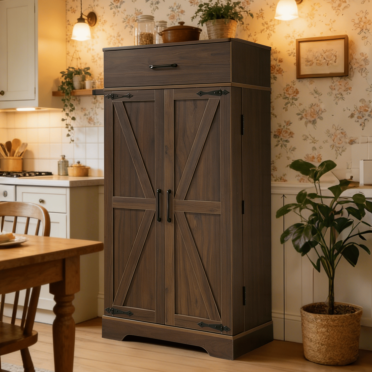 Farmhouse Pantry Cabinet with Adjustable Shelves and Barn Doors