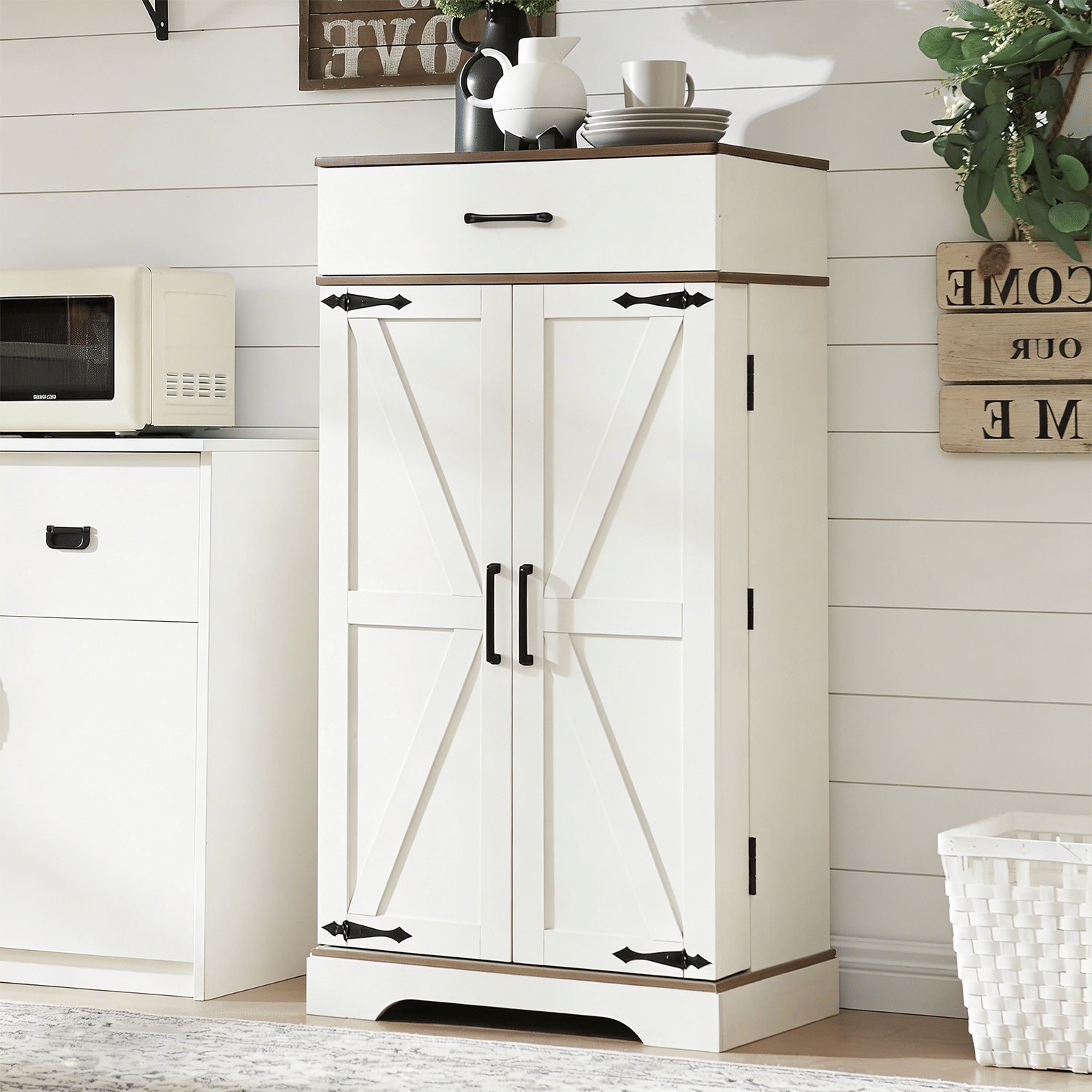Farmhouse Pantry Cabinet with Adjustable Shelves and Barn Doors