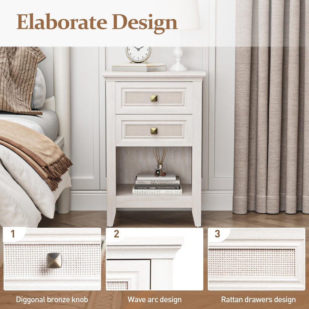 Boho Rattan-Detail Nightstand with Layered Storage