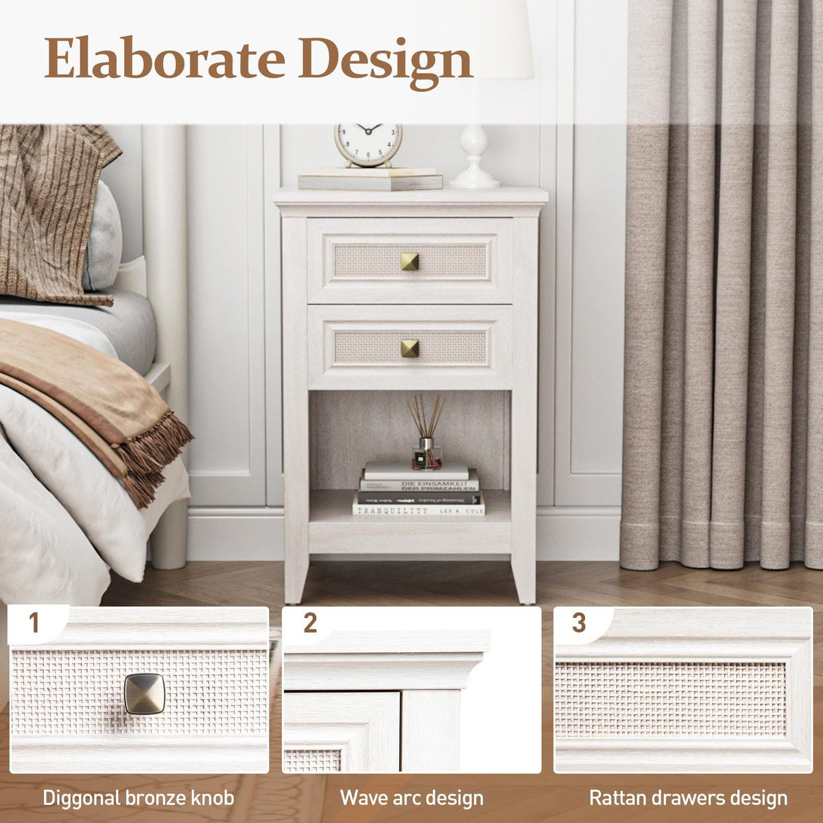 Boho Rattan-Detail Nightstand with Layered Storage