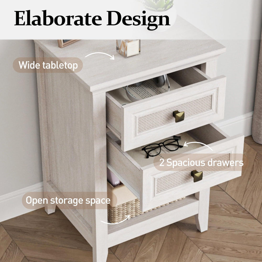 Boho Rattan-Detail Nightstand with Layered Storage