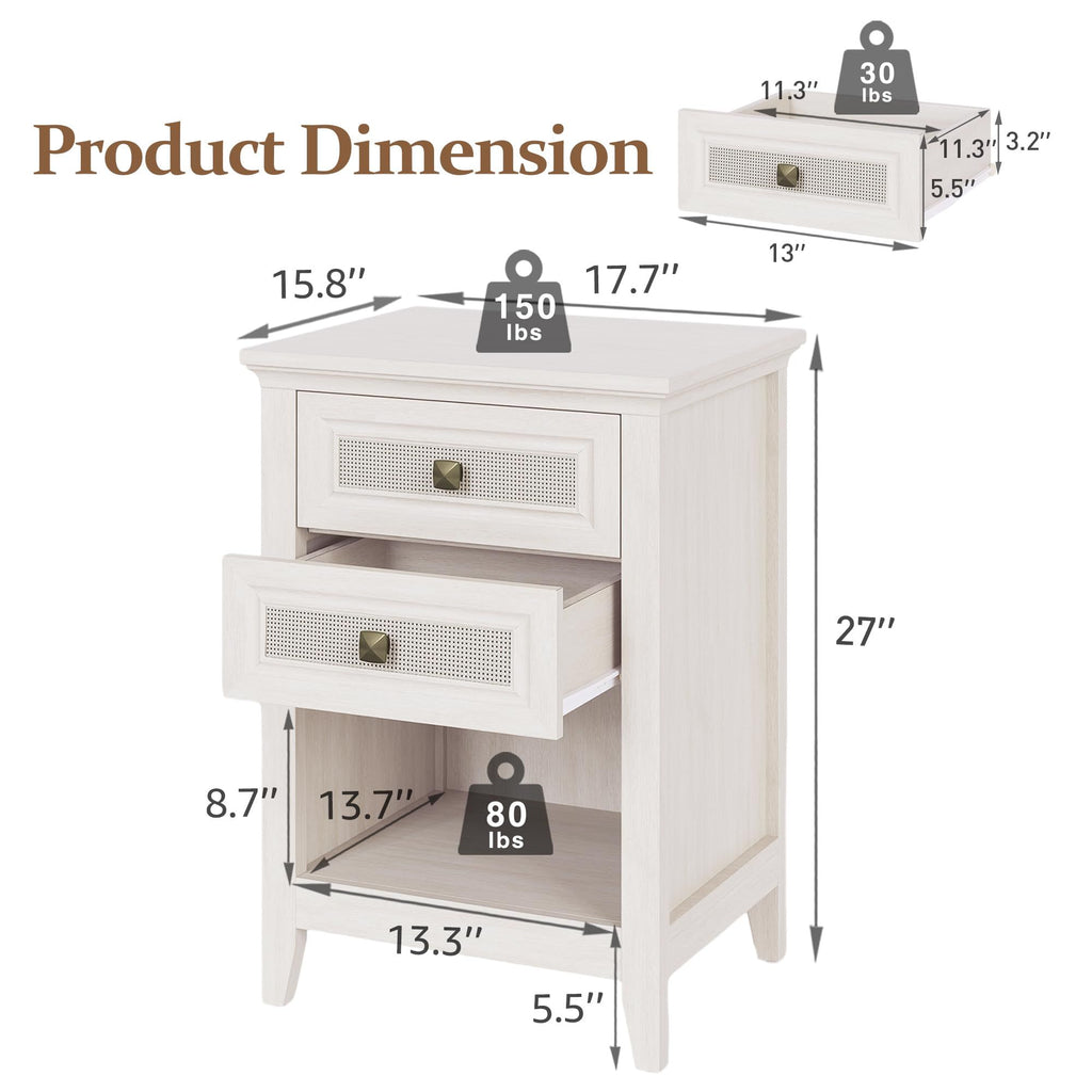 Boho Rattan-Detail Nightstand with Layered Storage