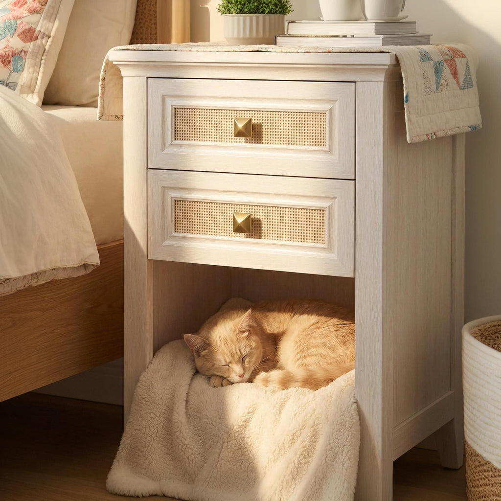 Boho Rattan-Detail Nightstand with Layered Storage