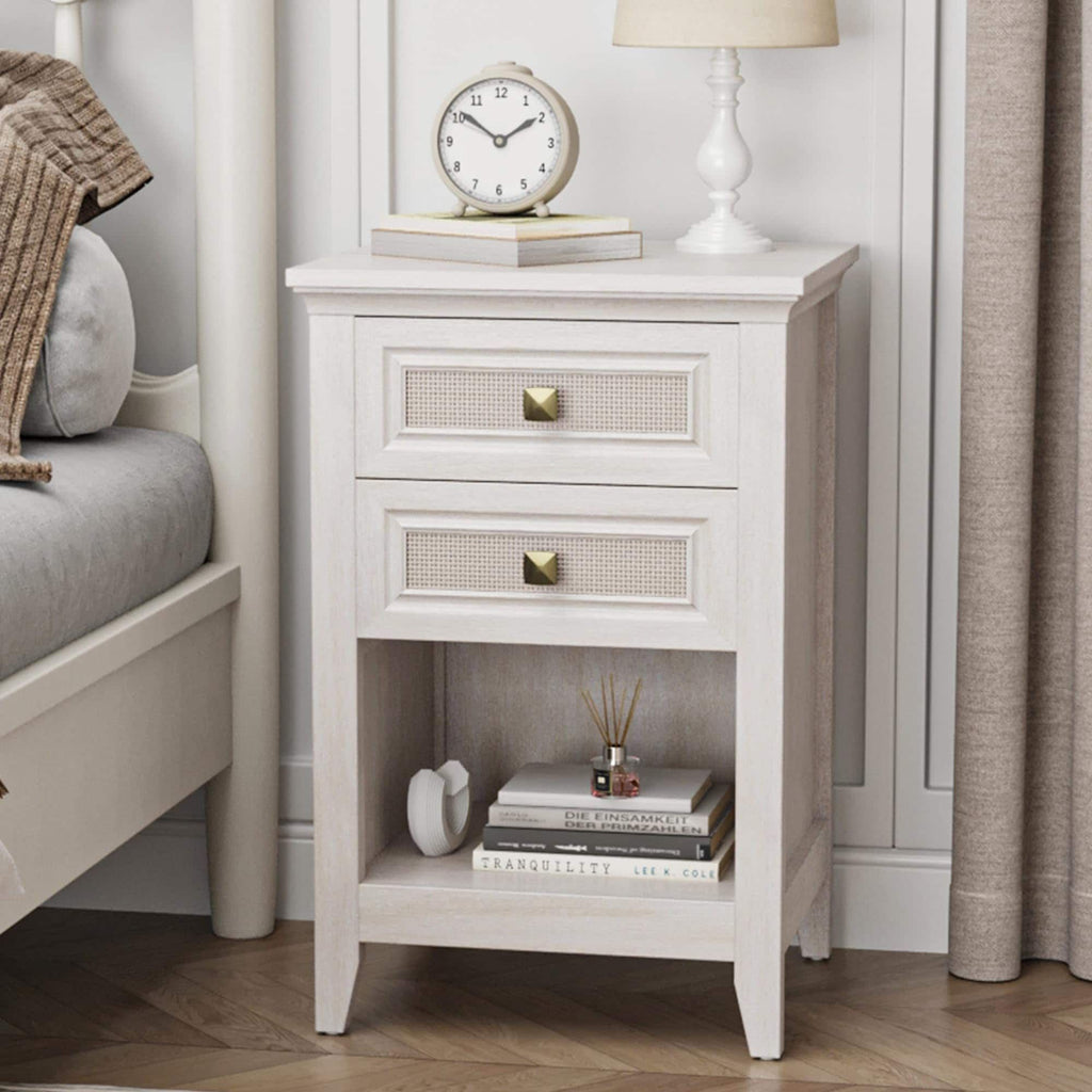 Boho Rattan-Detail Nightstand with Layered Storage