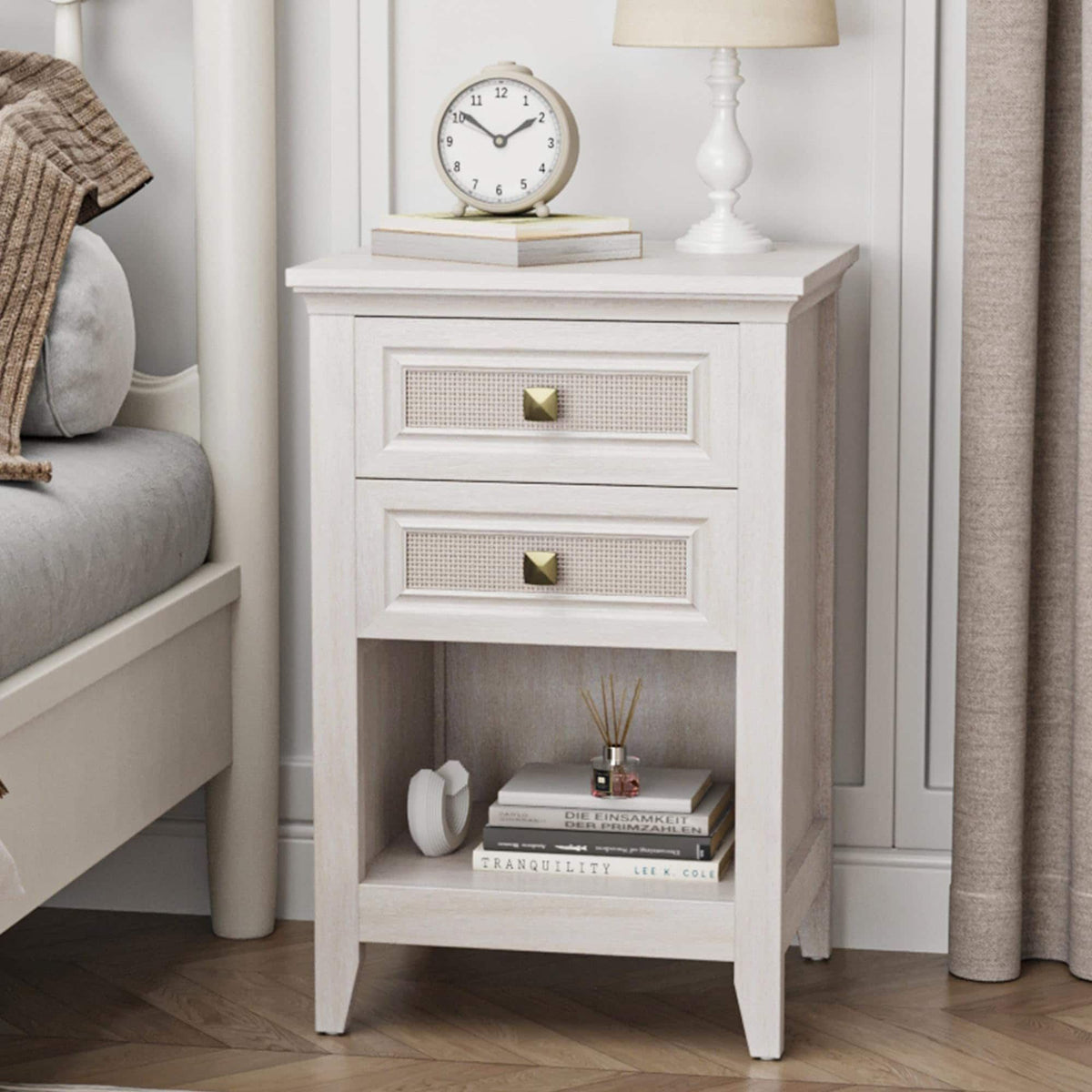 Boho Rattan-Detail Nightstand with Layered Storage