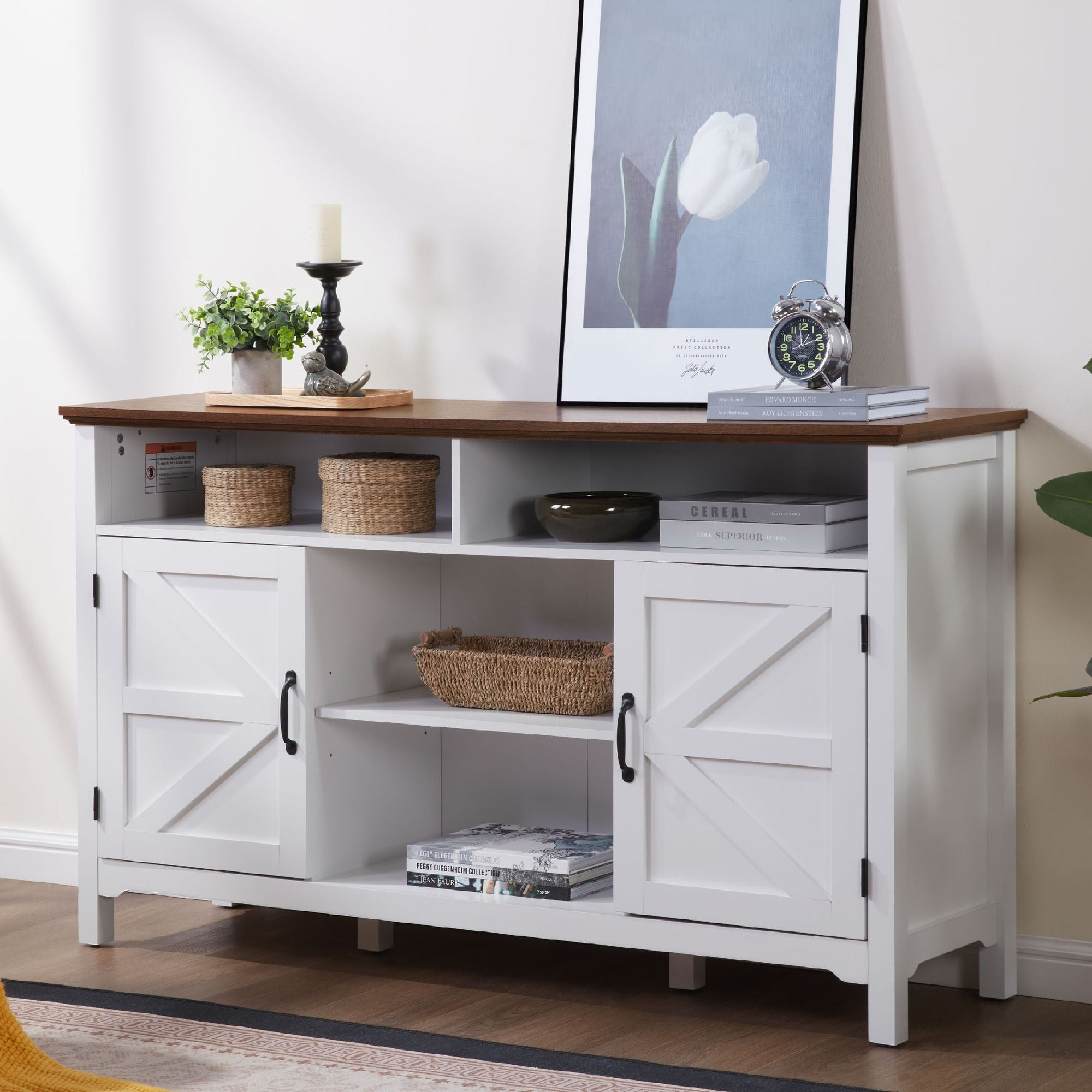 Antique White Farmhouse Buffet Cabinet with Hinged Barn Doors - Rustic Storage Solution