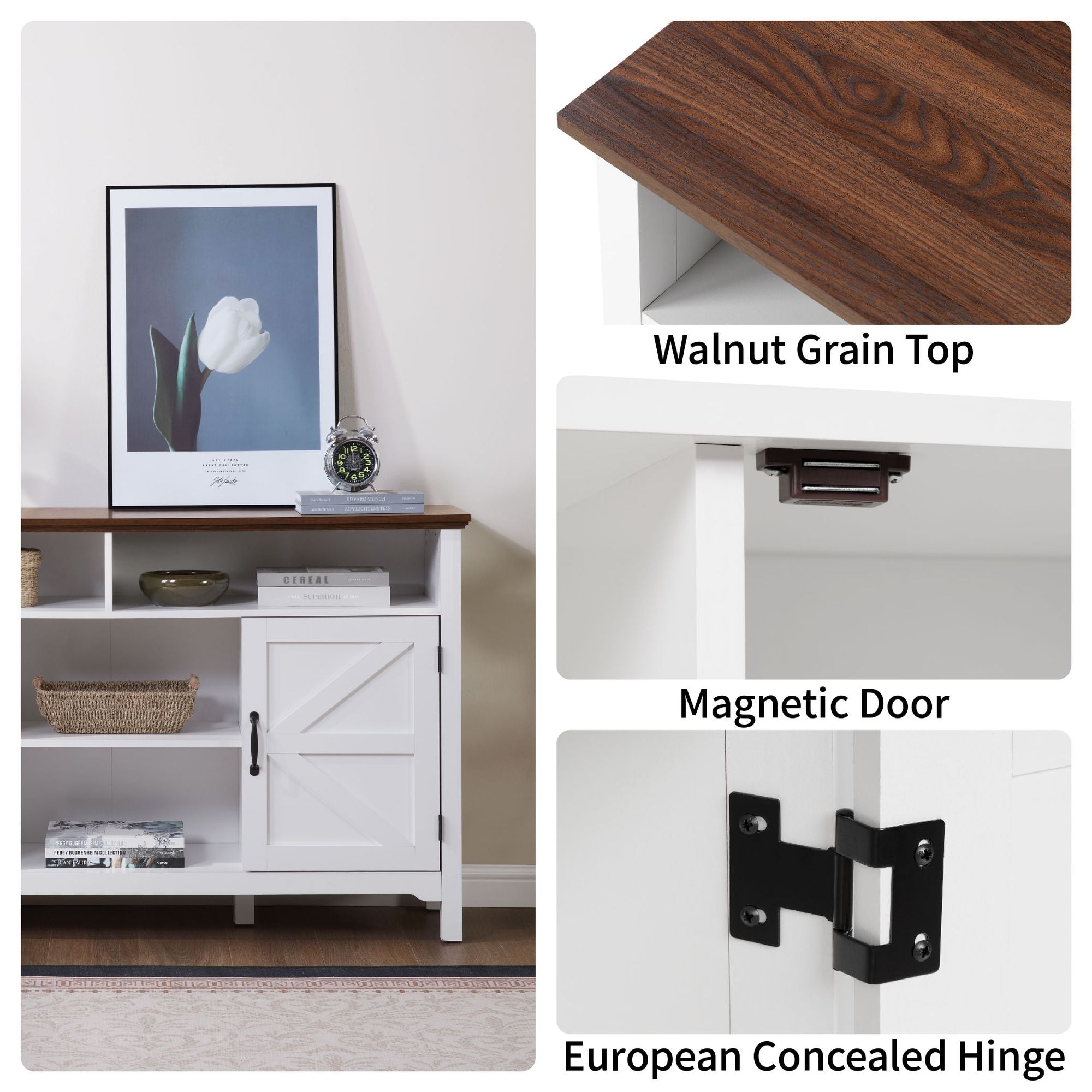 Antique White Farmhouse Buffet Cabinet with Hinged Barn Doors - Rustic Storage Solution