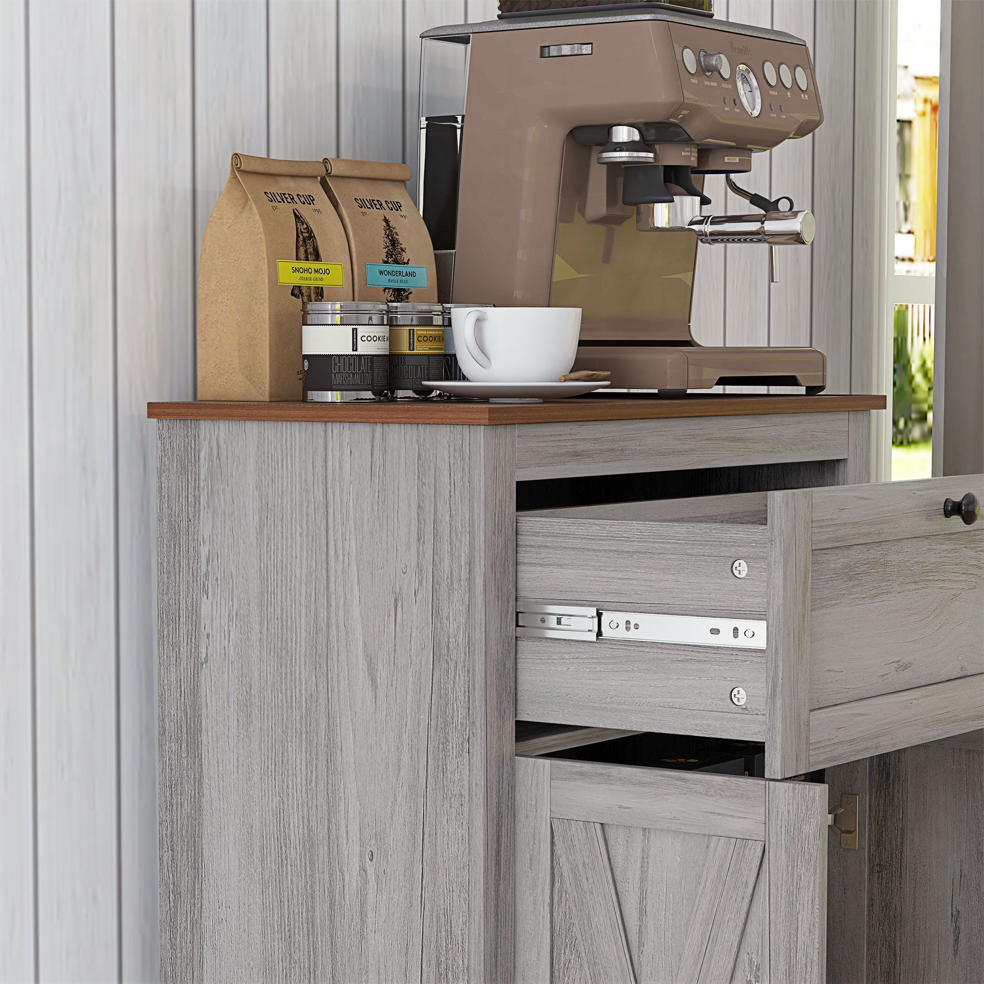 Farmhouse Sideboard Storage Cabinet with Doors and Drawer - Light Gray with Vintage Handles