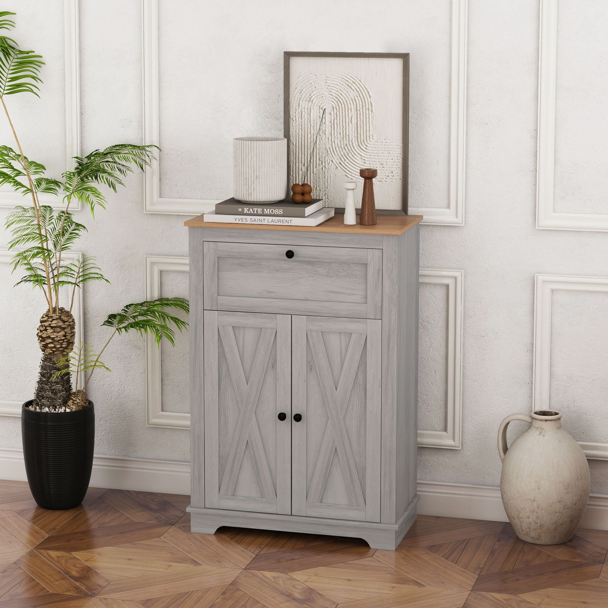 Farmhouse Sideboard Storage Cabinet with Doors and Drawer - Light Gray with Vintage Handles