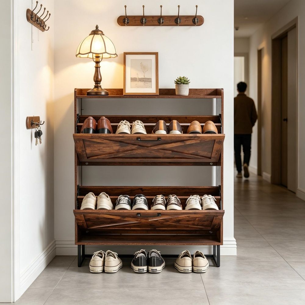 Farmhouse Style Shoe Storage Cabinet with Adjustable Shelves