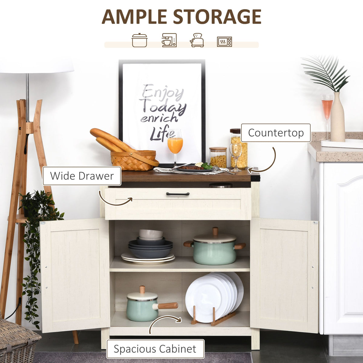 Farmhouse Style White Wooden Sideboard Kitchen Buffet Cabinet with Drawer and Shelf