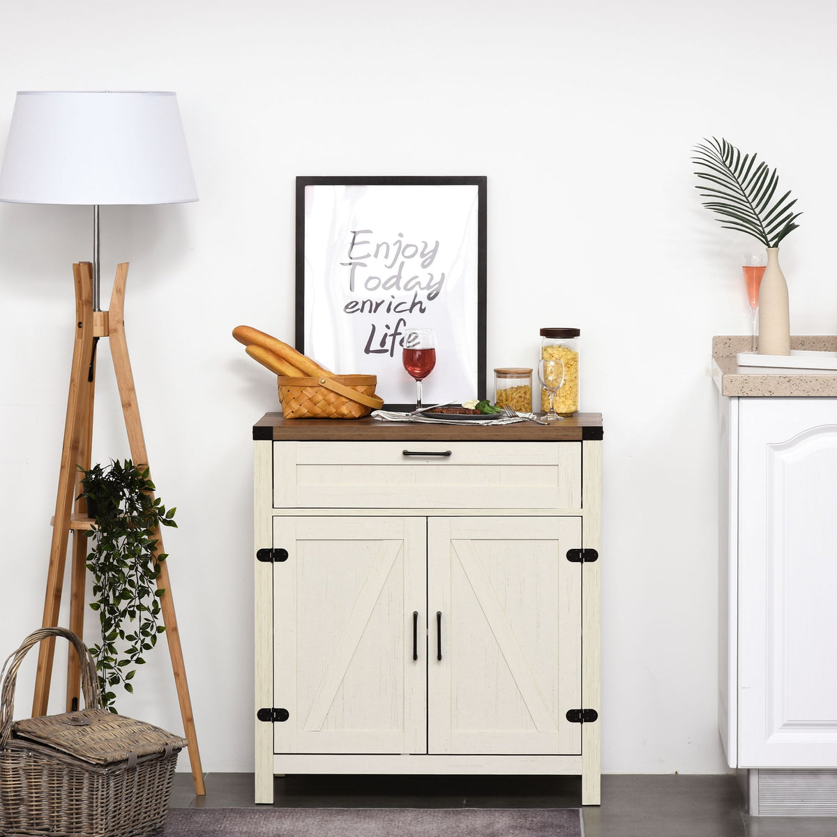 Farmhouse Style White Wooden Sideboard Kitchen Buffet Cabinet with Drawer and Shelf