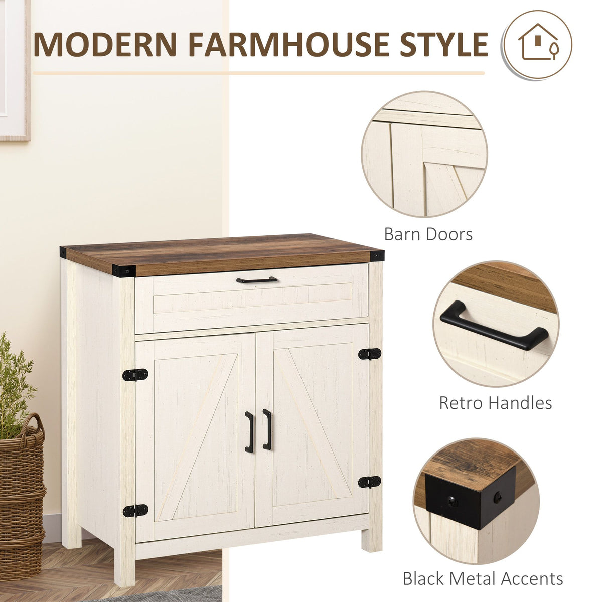 Farmhouse Style White Wooden Sideboard Kitchen Buffet Cabinet with Drawer and Shelf