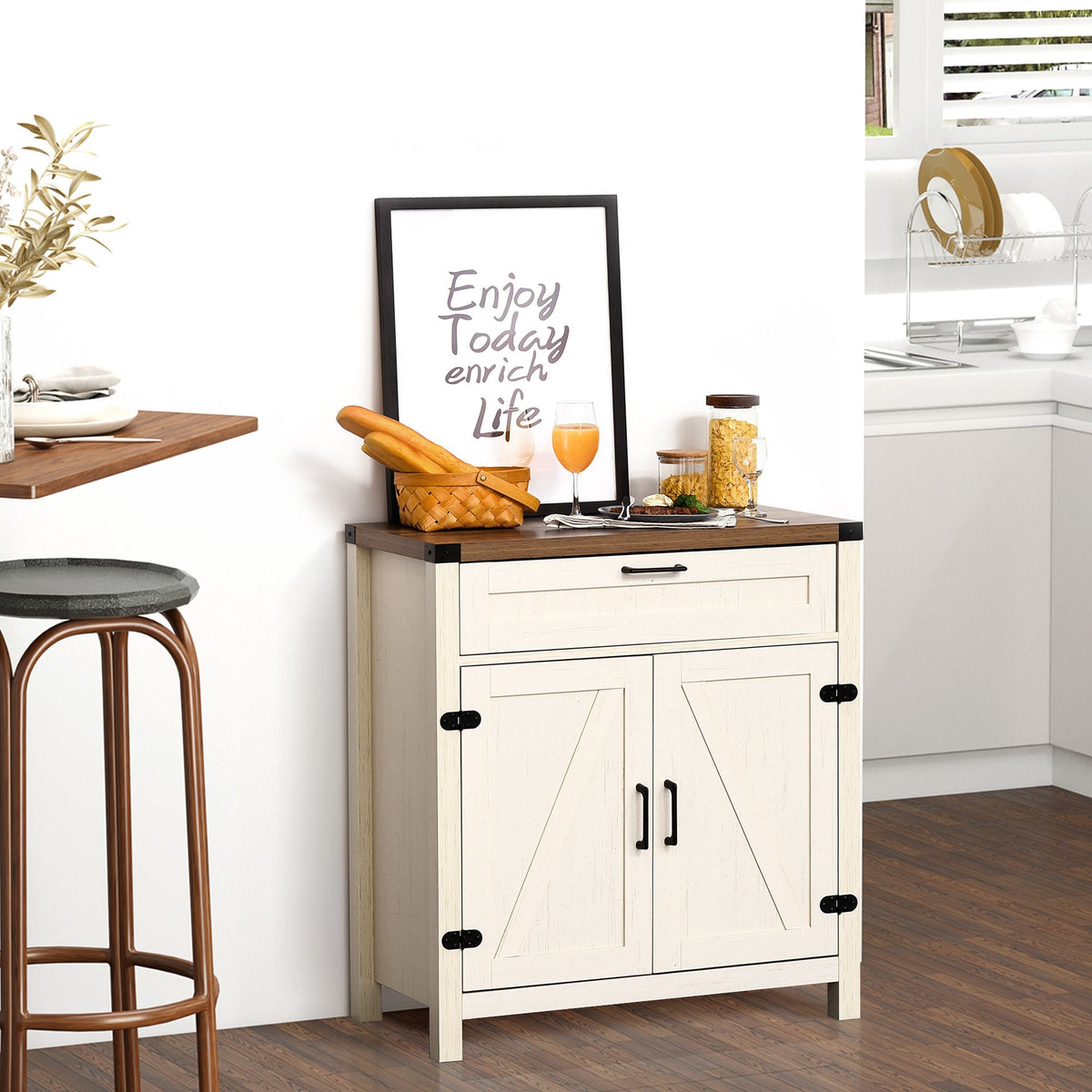 Farmhouse Style White Wooden Sideboard Kitchen Buffet Cabinet with Drawer and Shelf