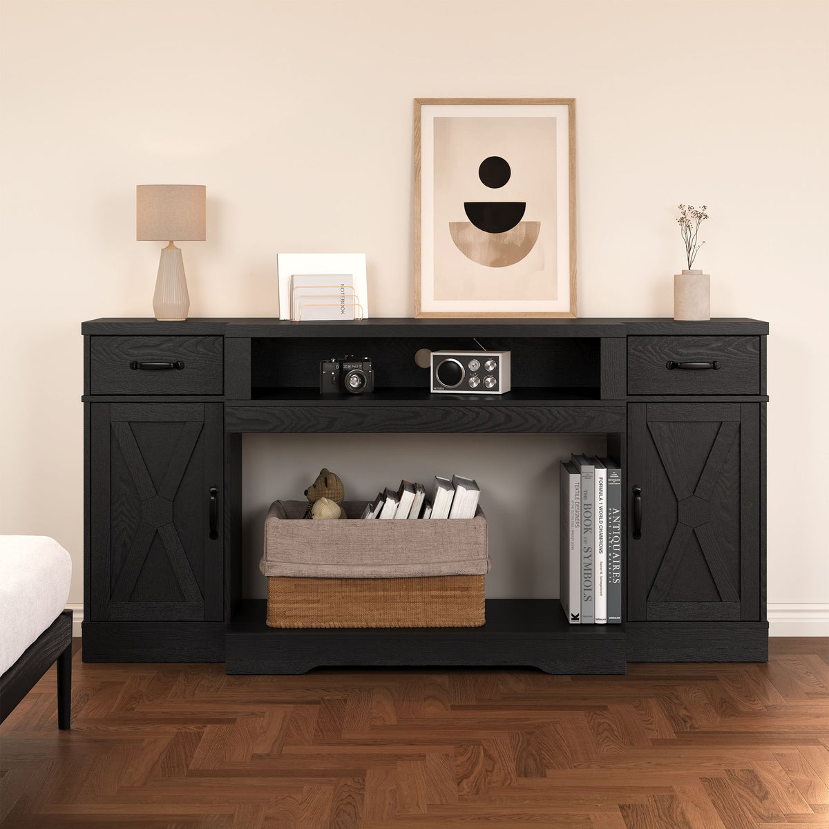 Black Farmhouse Media Console with Adjustable Shelves