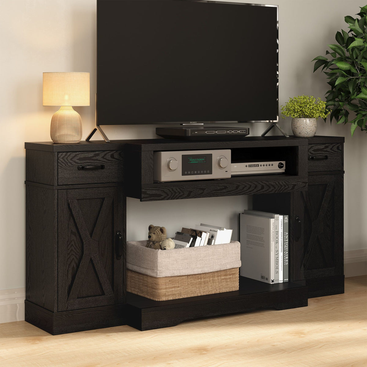 Black Farmhouse Media Console with Adjustable Shelves