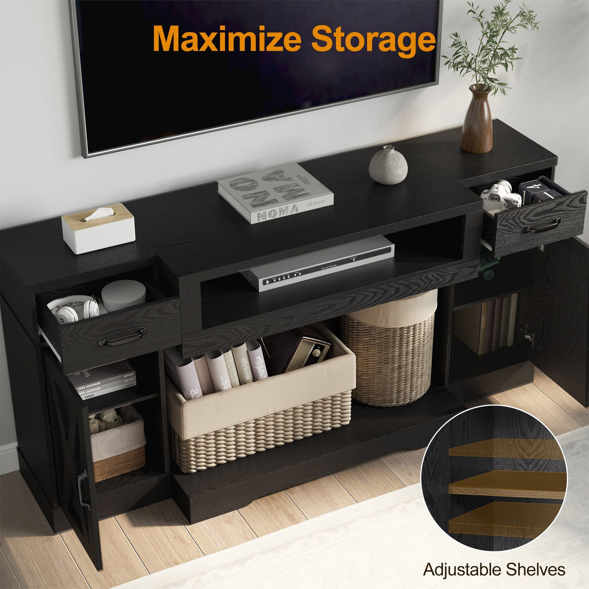 Black Farmhouse Media Console with Adjustable Shelves