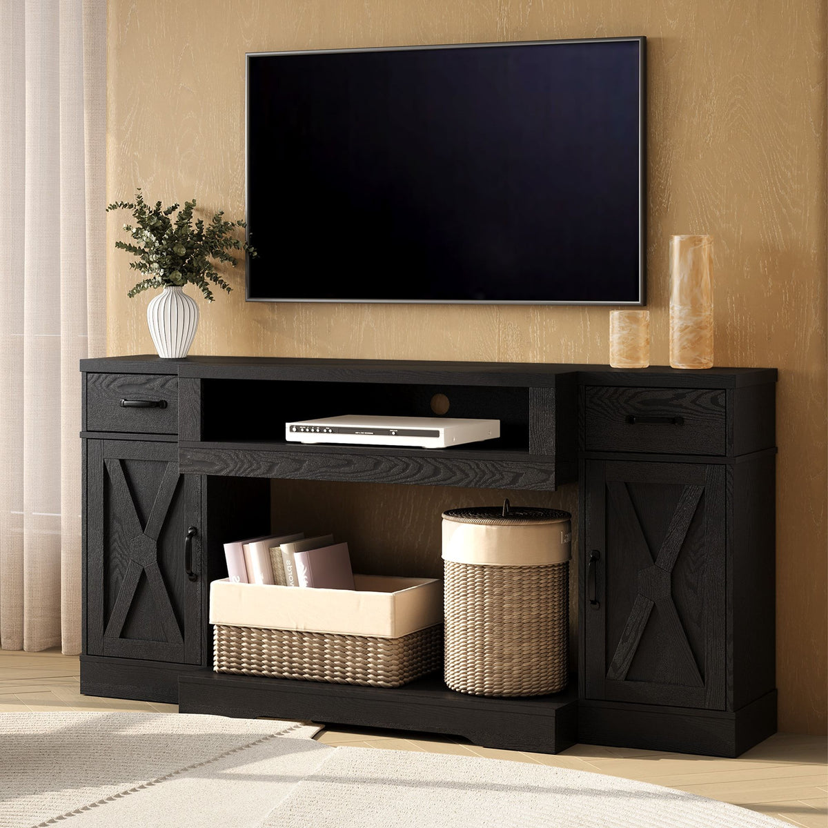 Black Farmhouse Media Console with Adjustable Shelves