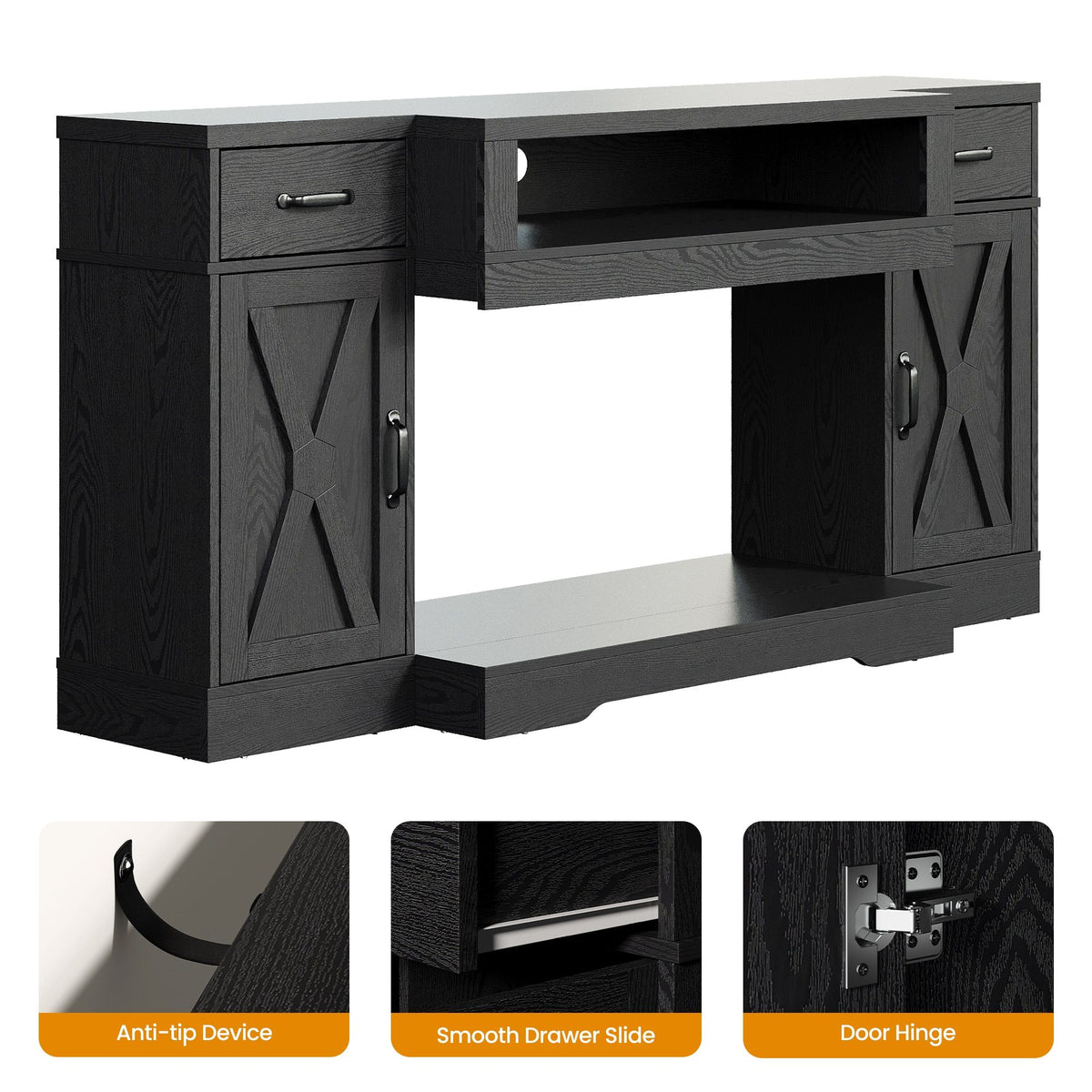 Black Farmhouse Media Console with Adjustable Shelves