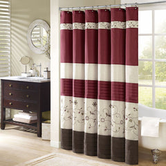 Faux Silk Embroidered Floral Shower Curtain with Pintuck Detail