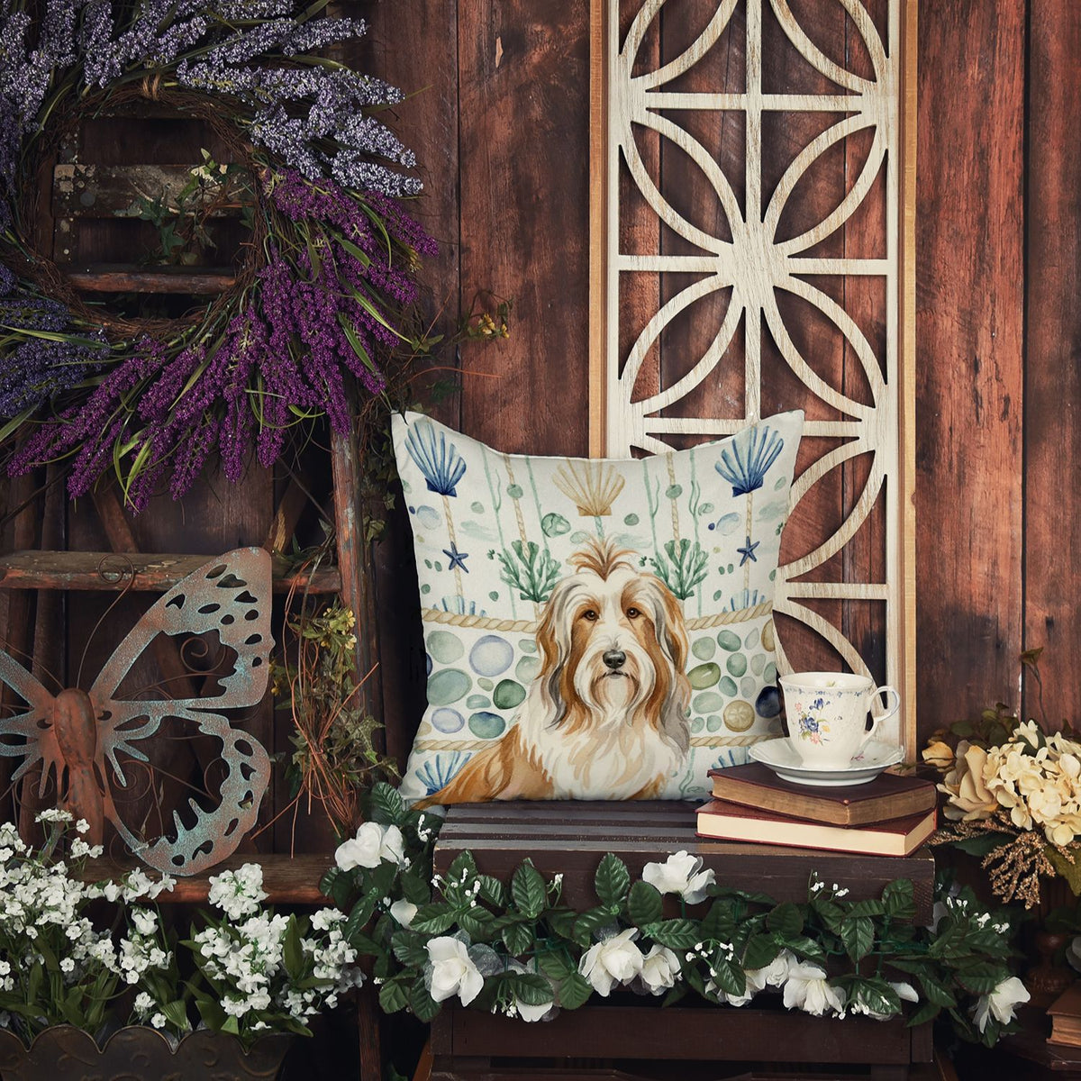 Fawn Bearded Collie Coastal Throw Pillow