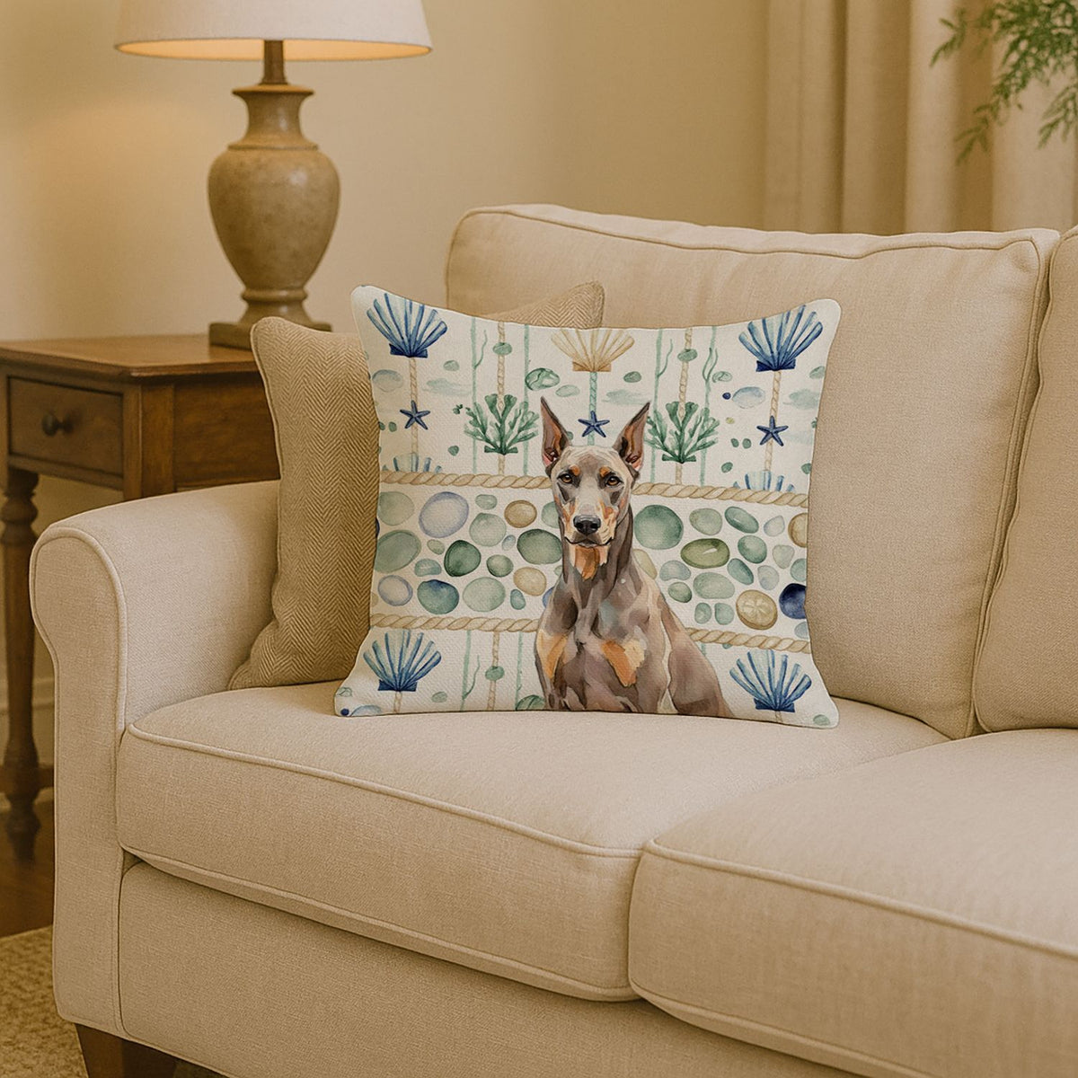 Fawn Doberman Coastal Sea Glass Accent Pillow