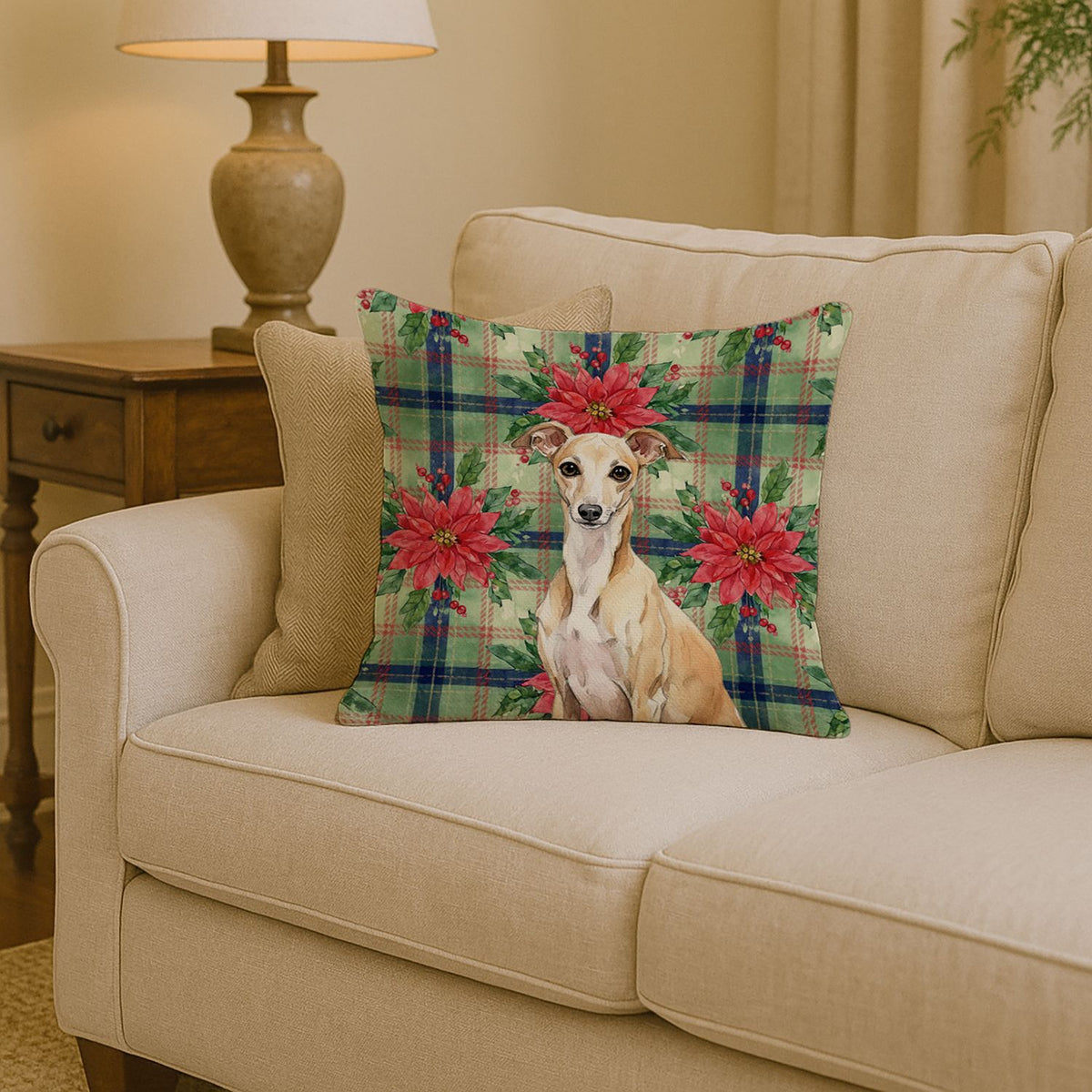 Italian Greyhound and Poinsettias Christmas Pillow