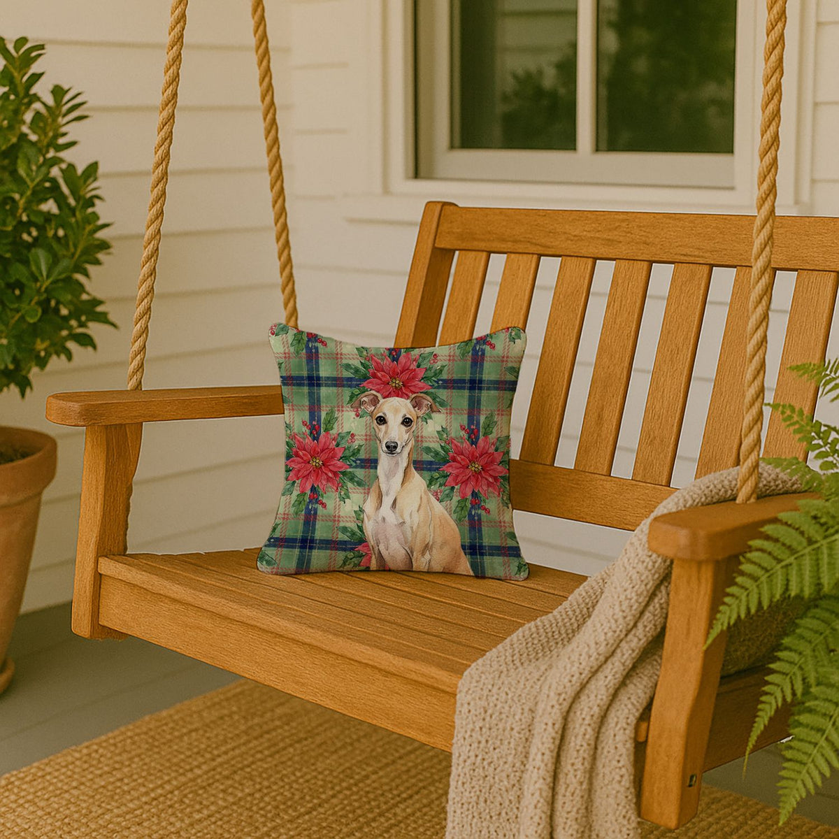 Italian Greyhound and Poinsettias Christmas Pillow