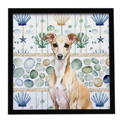 Fawn Italian Greyhound Coastal Sea Glass Framed Metal Print Bathroom, Kitchen, Office, Home Decor Wa