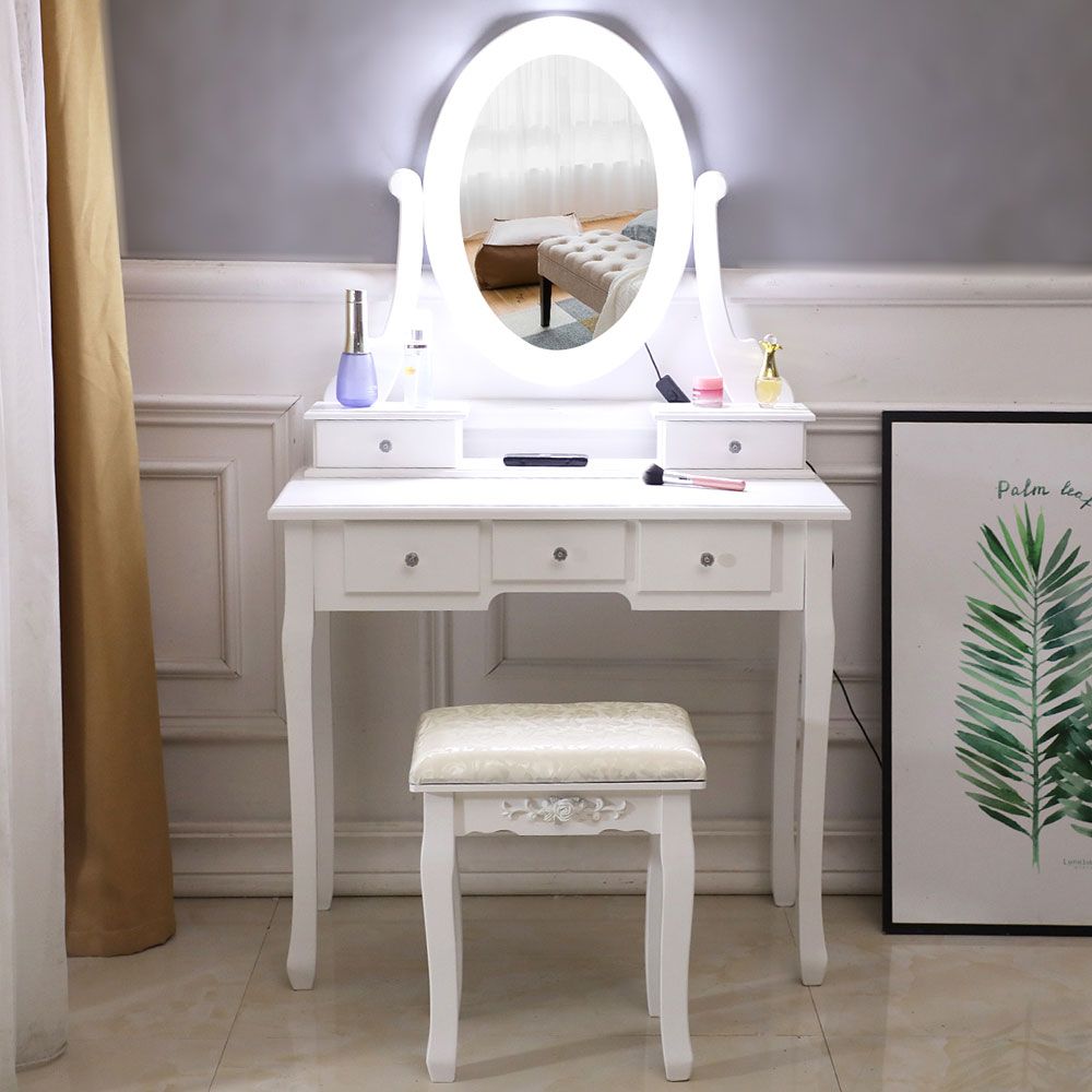 Illuminated Vanity Table with Rotating Mirror and Stool