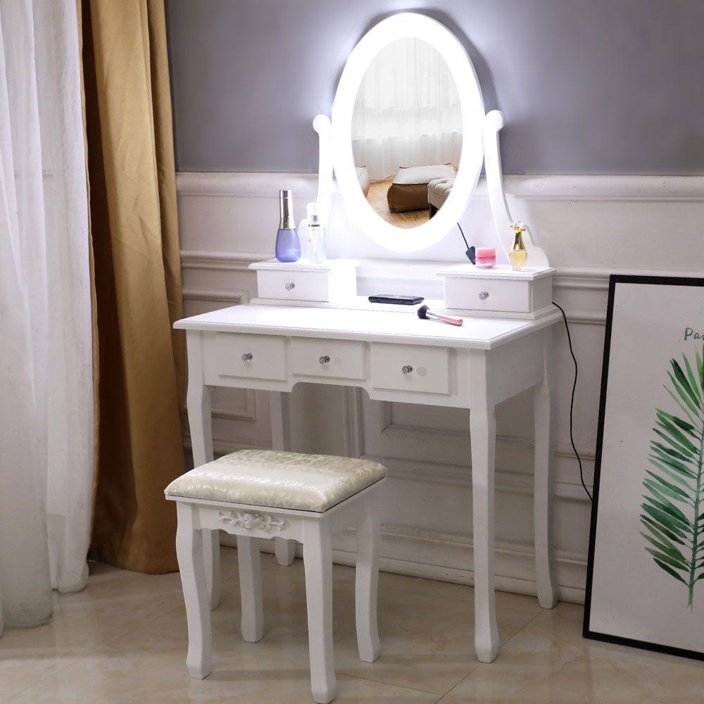 Illuminated Vanity Table with Rotating Mirror and Stool