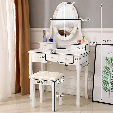 Illuminated Vanity Table with Rotating Mirror and Stool