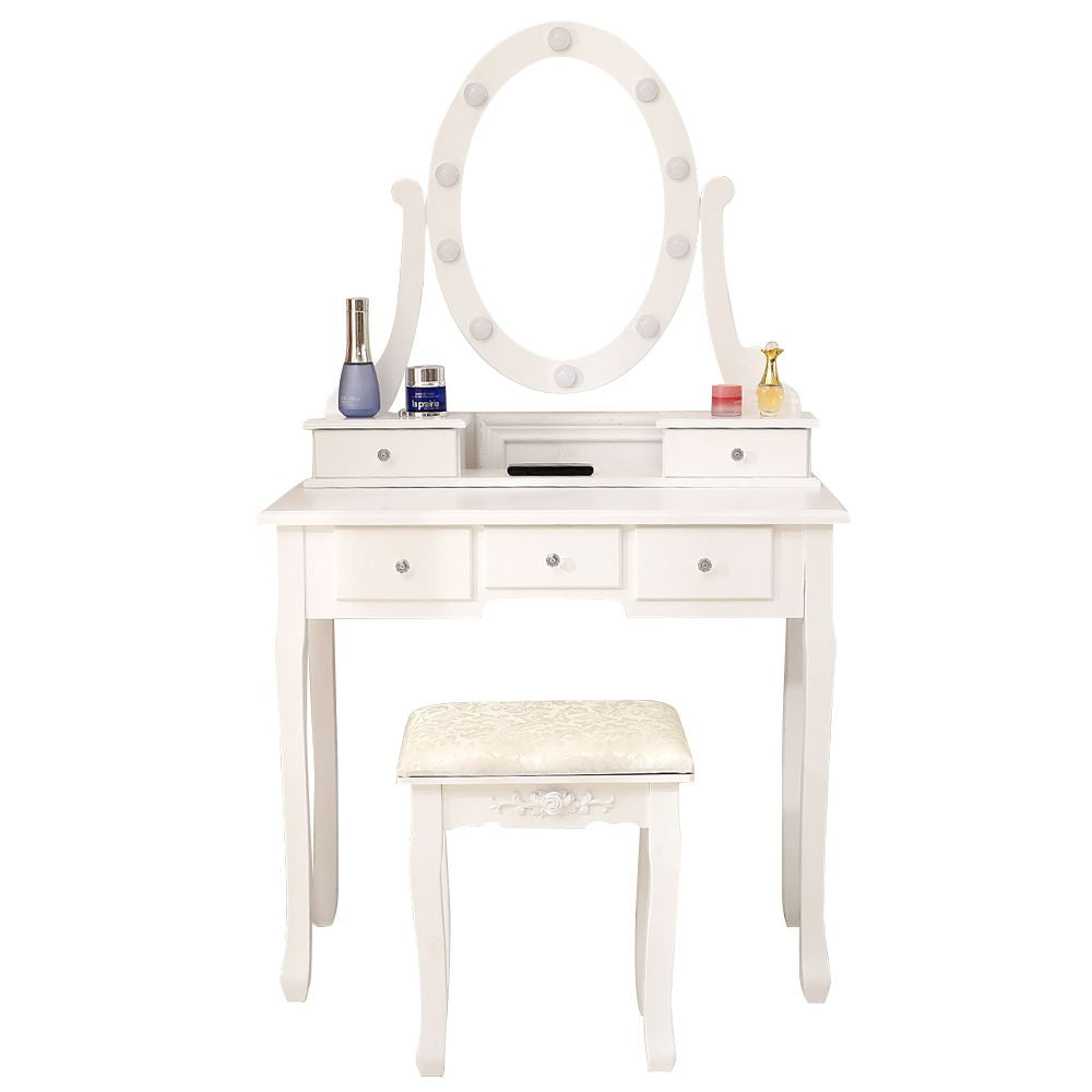 Illuminated Vanity Table with Rotating Mirror and Stool