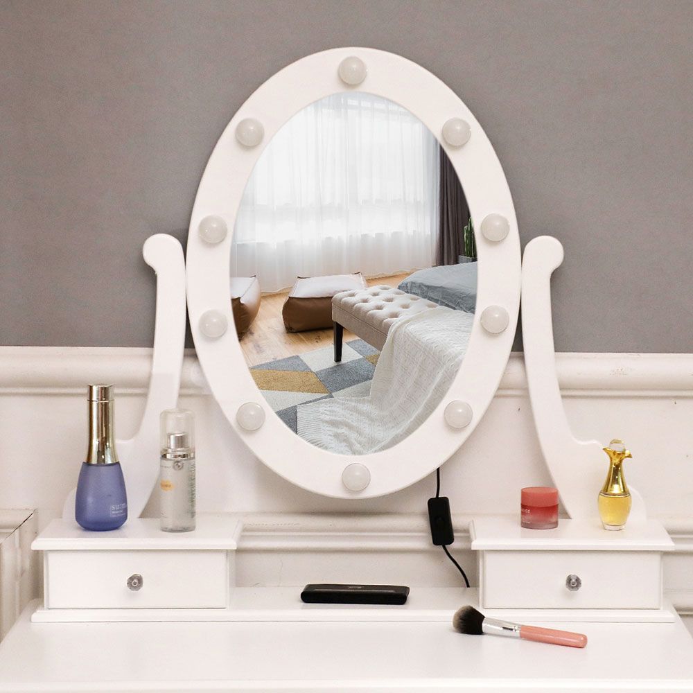 Illuminated Vanity Table with Rotating Mirror and Stool