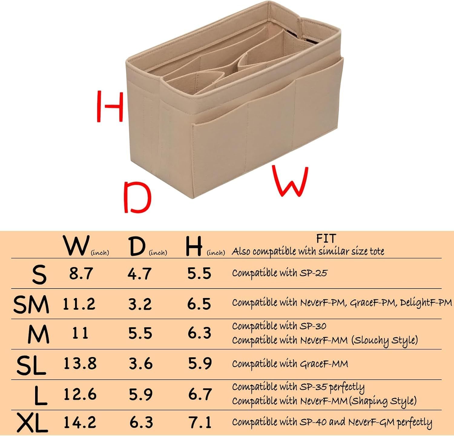 Large Beige Purse Organizer Insert for Handbags and Totes