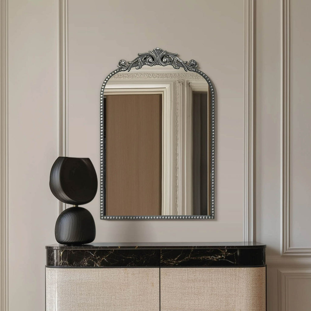 Filigree Black Arched Ornate Wall Mirror for Bathroom or Living Room