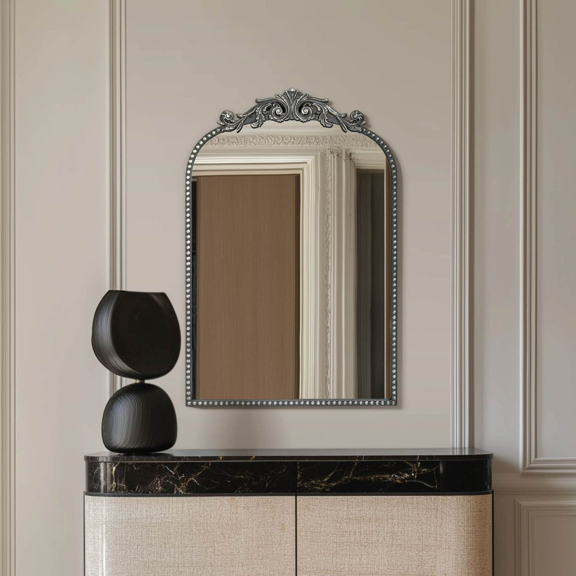 Filigree Black Arched Ornate Wall Mirror for Bathroom or Living Room