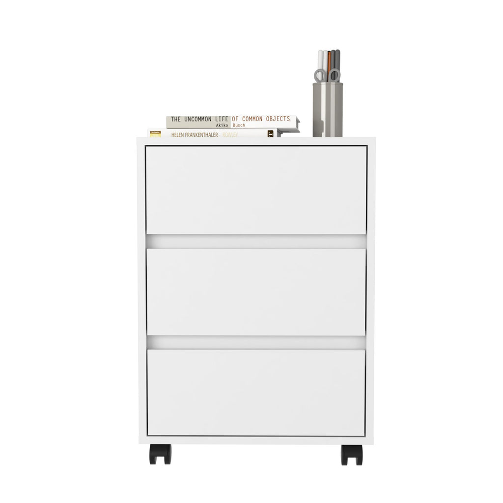 Three-Drawer Filing Cabinet with Locking Casters, White