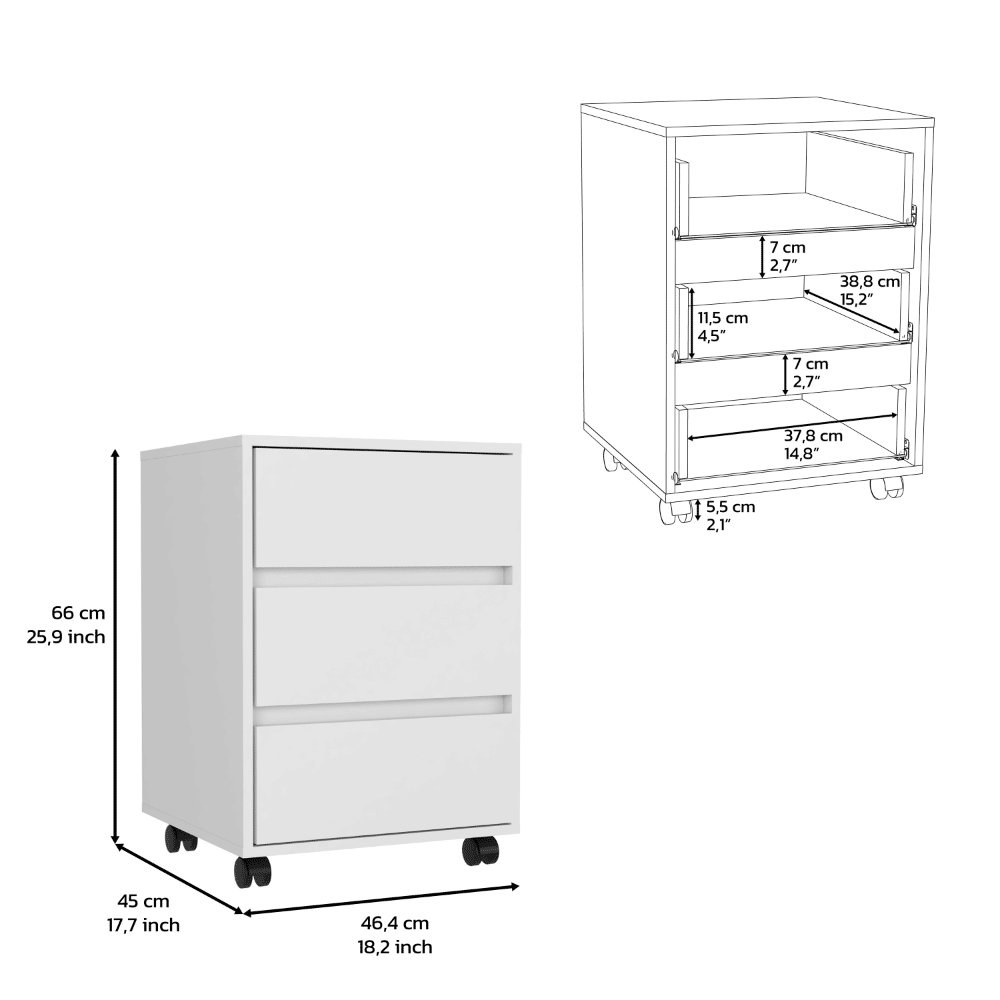 Three-Drawer Filing Cabinet with Locking Casters, White