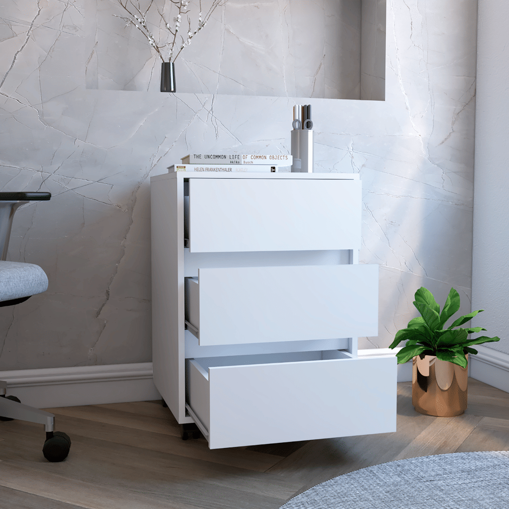Three-Drawer Filing Cabinet with Locking Casters, White