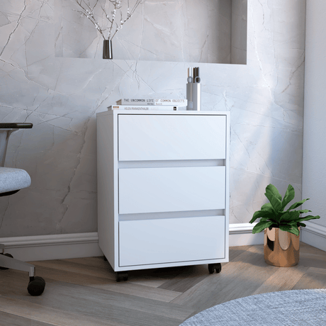 Three-Drawer Filing Cabinet with Locking Casters, White