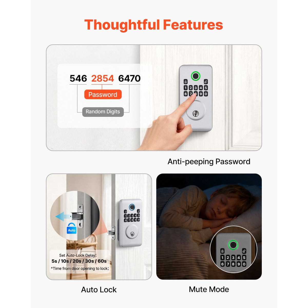 Fingerprint Keyless Entry Deadbolt with Auto-Lock and Anti-Peep Mode - Silver