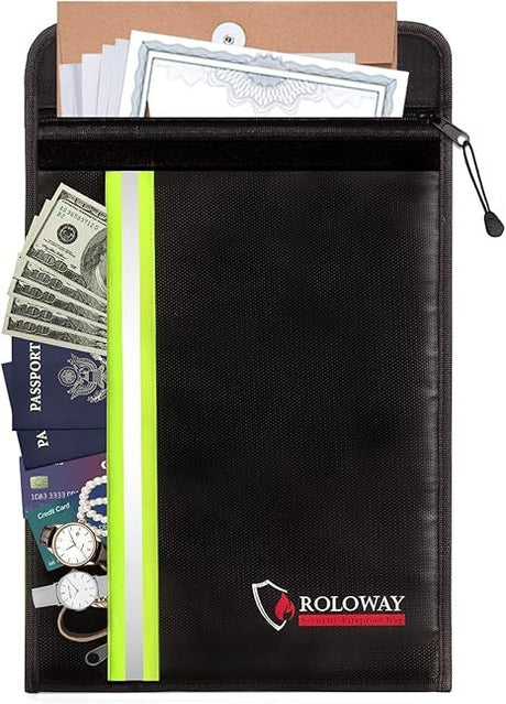 Fireproof Envelope for Cash & Documents with 2 Pockets, water-ready Zipper, Black