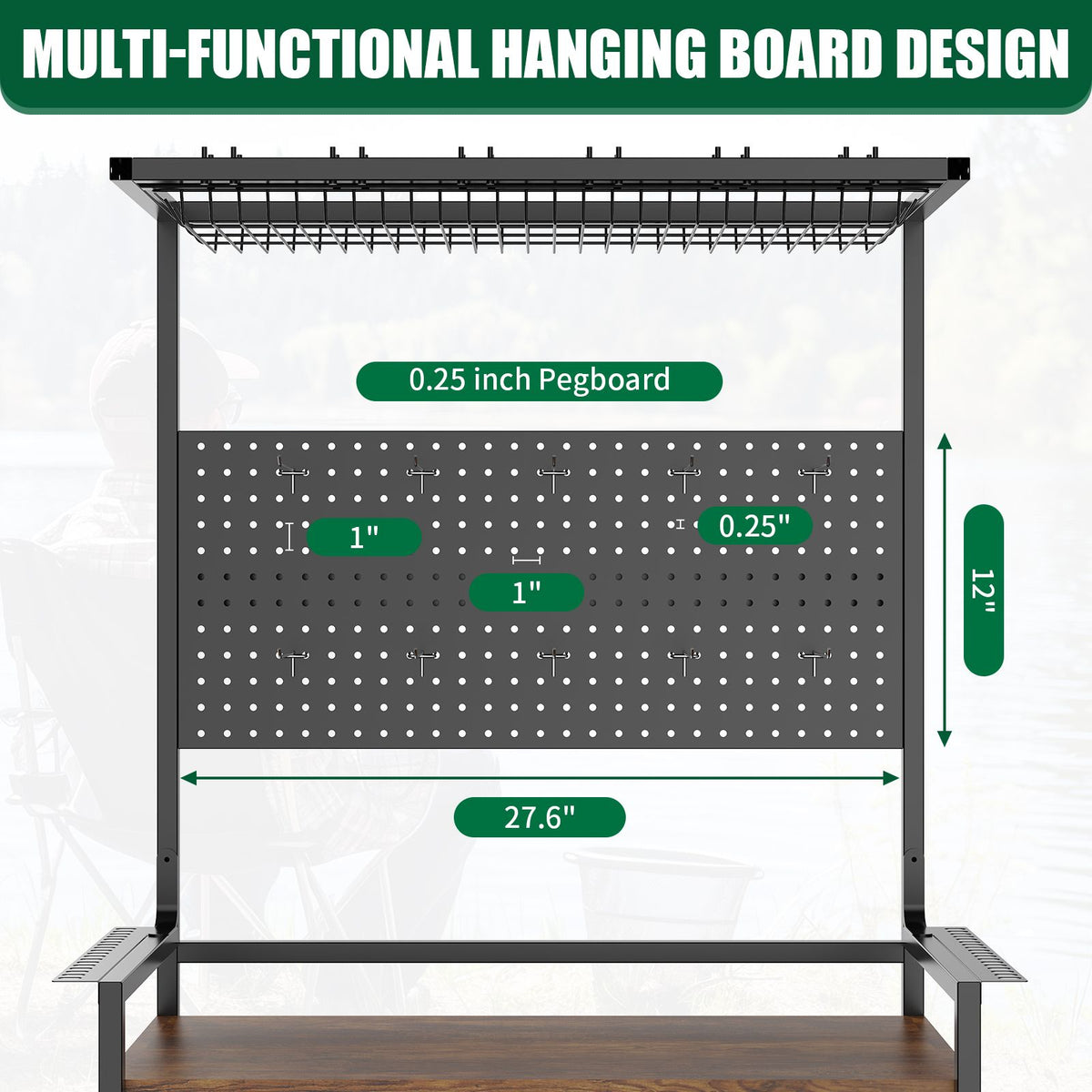 Rolling Fishing Rod Storage Rack with Pegboard and Tackle Organizer Cart