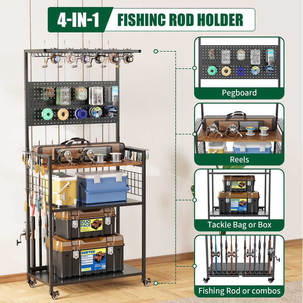 Rolling Fishing Rod Storage Rack with Pegboard and Tackle Organizer Cart