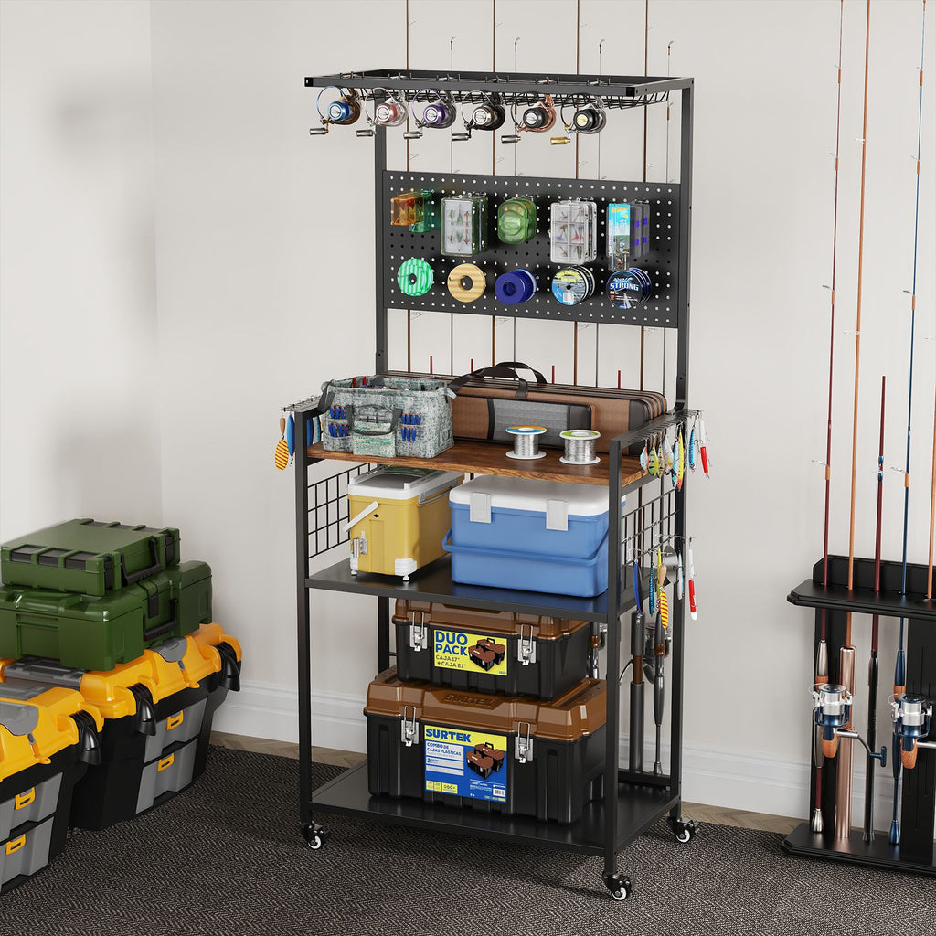 Rolling Fishing Rod Storage Rack with Pegboard and Tackle Organizer Cart