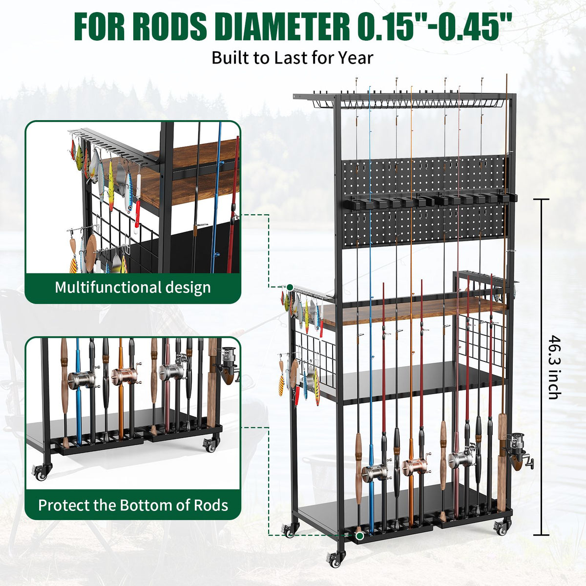 Rolling Fishing Rod Storage Rack with Pegboard and Tackle Organizer Cart