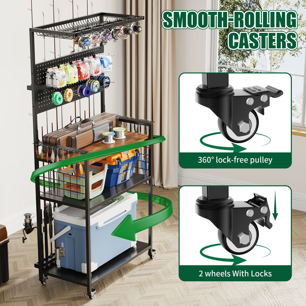Rolling Fishing Rod Storage Rack with Pegboard and Tackle Organizer Cart