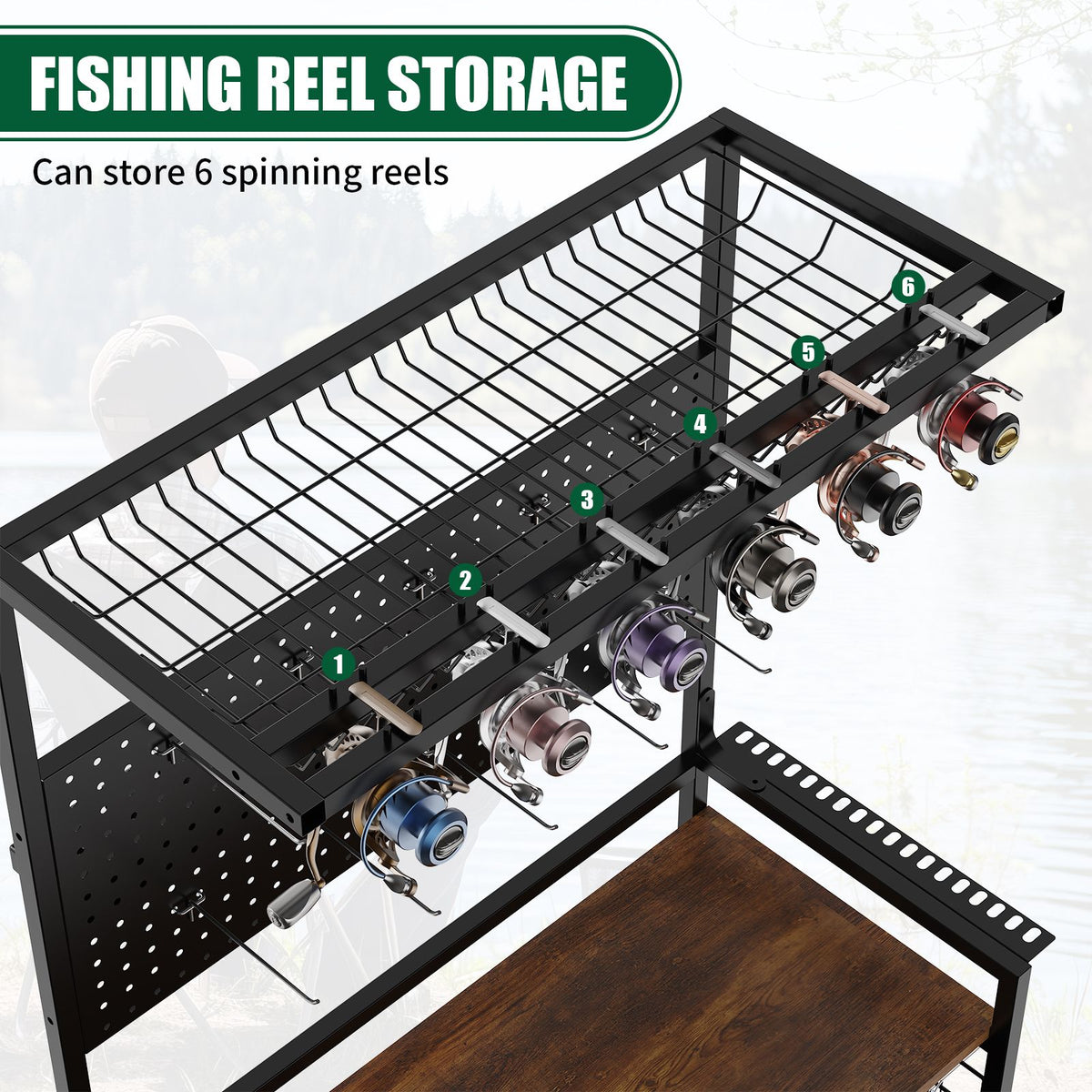 Rolling Fishing Rod Storage Rack with Pegboard and Tackle Organizer Cart