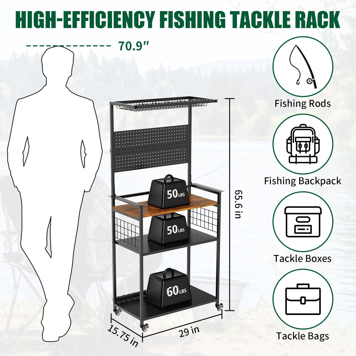 Rolling Fishing Rod Storage Rack with Pegboard and Tackle Organizer Cart